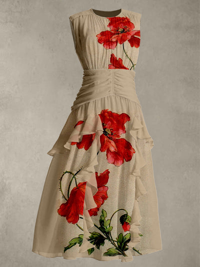 Vintage Red Floral Print Round Neck 50's Elegant Chic Chiffon Sleeveless Maxi Dress