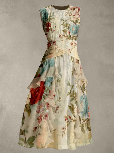 Vintage Floral Print Round Neck Sleeveless Maxi Dress