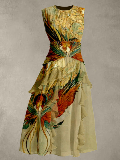 Vintage Phoenix Butterfly Printed V-Neck 50's Elegant Chic Chiffon Sleeveless Maxi Dress