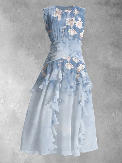 Retro Blue Floral Art Print Round Neck Sleeveless Maxi Dress