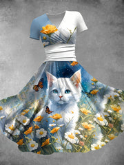 Women's Vintage Floral and Cat Art Print V-Neck Maxi Dress