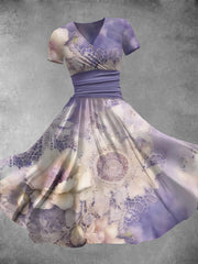 Women's Vintage Lace Floral Art Print V Neck Maxi Dress