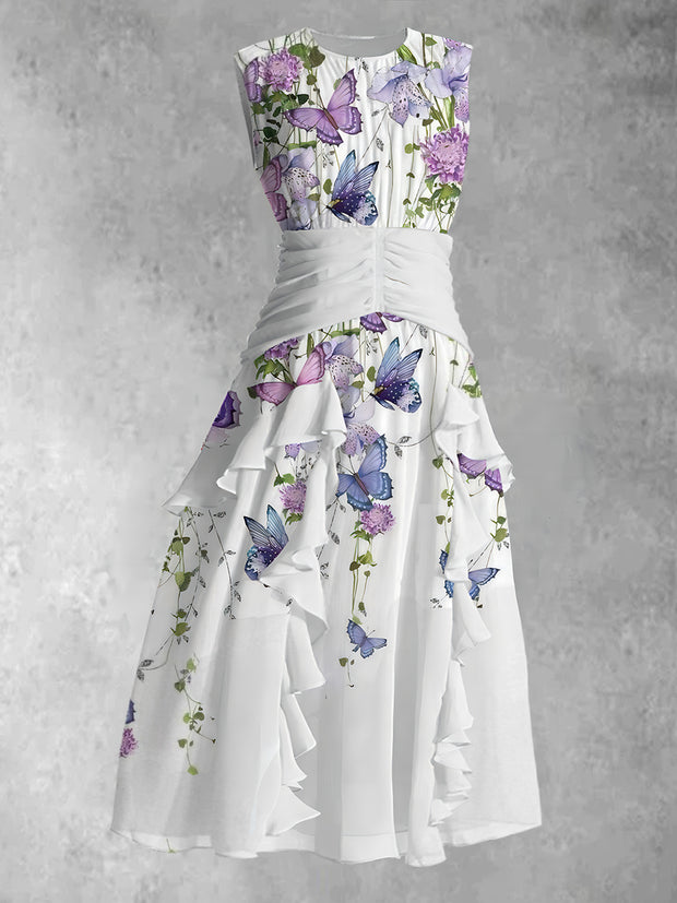 Vintage Purple Floral and Butterfly Art Print Round Neck Sleeveless Maxi Dress