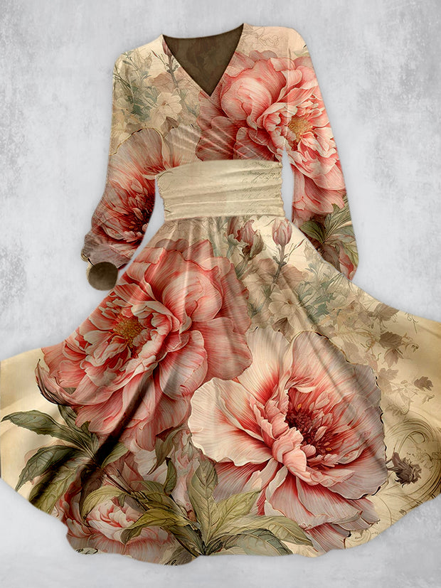 Retro Floral Print V-Neck Short Sleeve Midi Dress