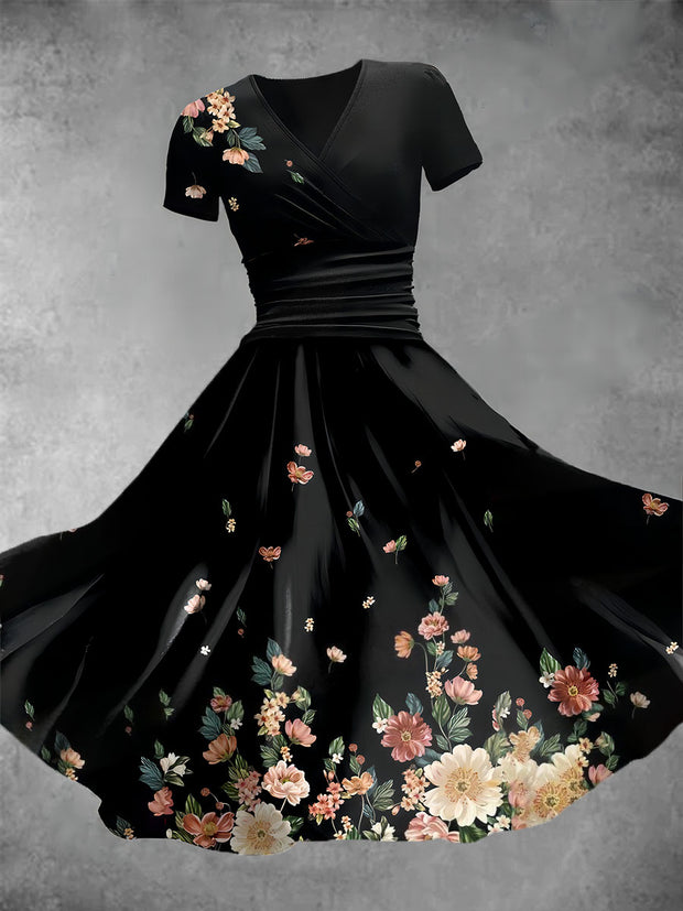 Women's Elegant Floral Art Print Short Sleeve Retro Midi Dress