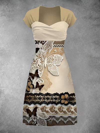Women's Elegant Lace Butterfly Floral Art Print Short Sleeve Casual Retro Midi Dress