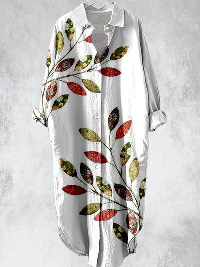 Bohemian Leaves Printed V-Neck Lapel Button Loose Vintage Midi Shirt Dress
