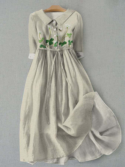 Elegant Clover Flowers Printed V-Neck Button Vintage Fashion Short Sleeve Midi Dress