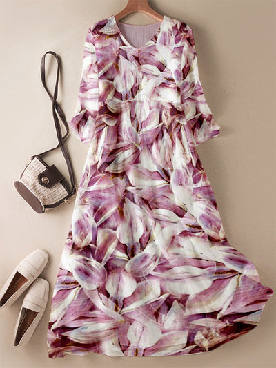 Elegant Pink Petal Art Printed V-Neck Elegant Chic Loose Long Sleeve Maxi Dress