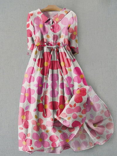 Pink Floral Printed V-Neck Button Vintage Fashion Short Sleeve Midi Dress