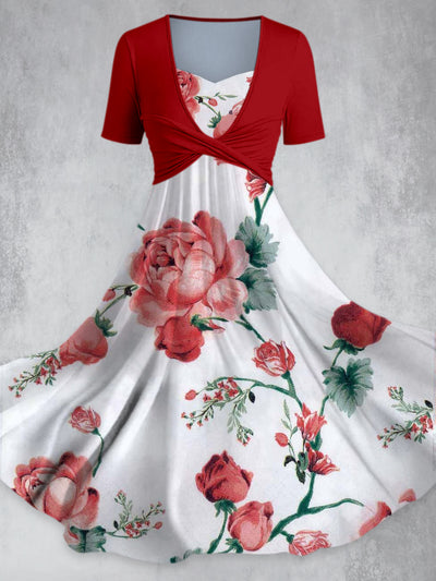 Retro Red Floral Print V-Neck Short Sleeve Maxi Dress