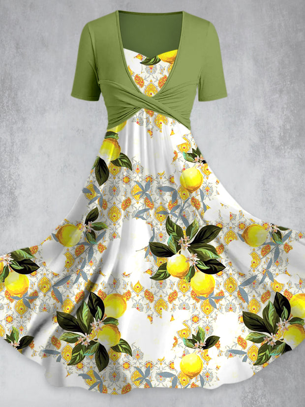Retro Lemon Floral Printed Elegant Vintage V-Neck Fold Short Sleeve Maxi Dress