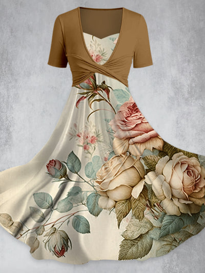 Retro Floral Print V-Neck Short Sleeve Maxi Dress