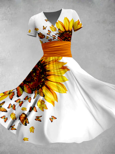 Sunflower Butterfly Art Printed V-Neck Vintage Fashion Short Sleeve Midi Dress