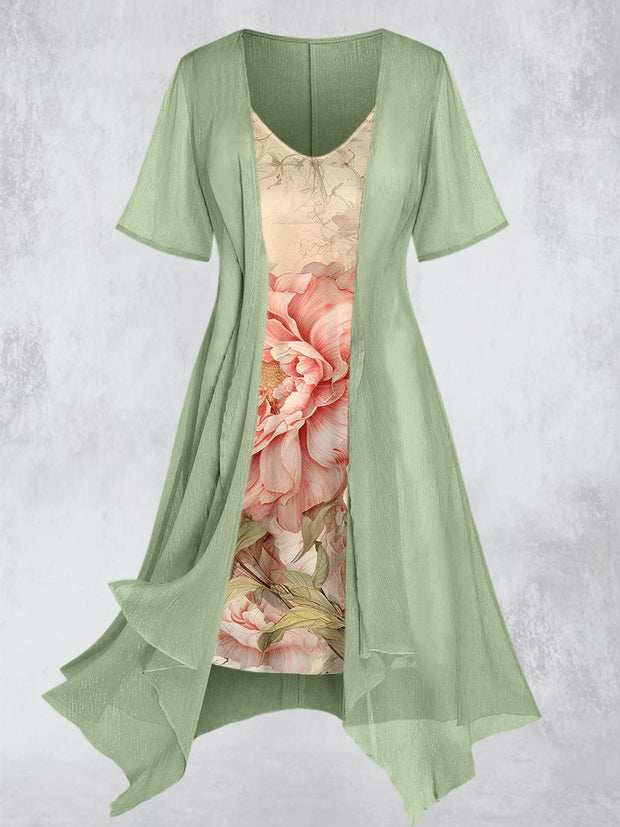 Vintage Pink Floral Print Short Sleeve Two Piece Dress Set