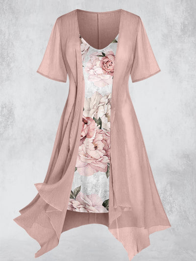 Vintage Floral Printed Round Neck Slip Dress Outerwear Suit Set Short Sleeve Midi Dress