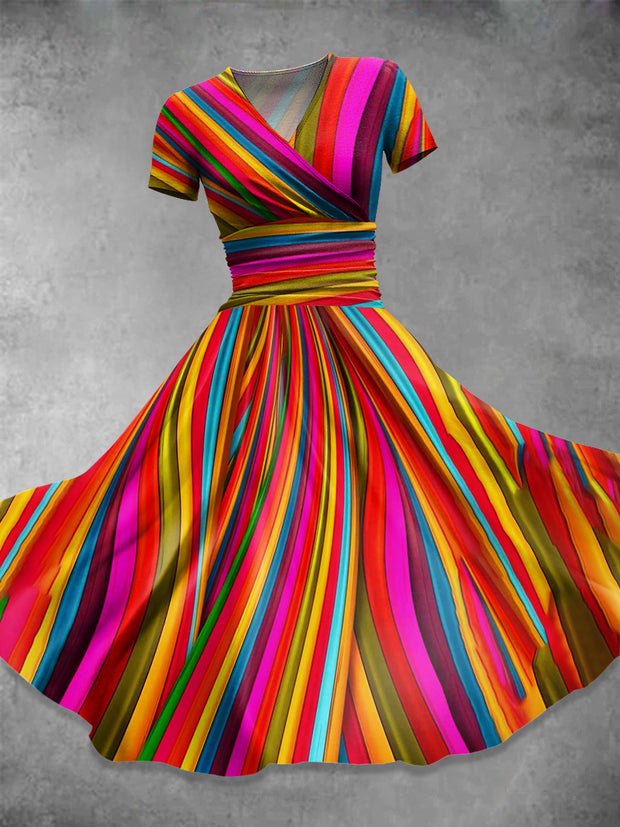 Rainbow Stripe Print V-Neck Short Sleeve Vintage Midi Dress