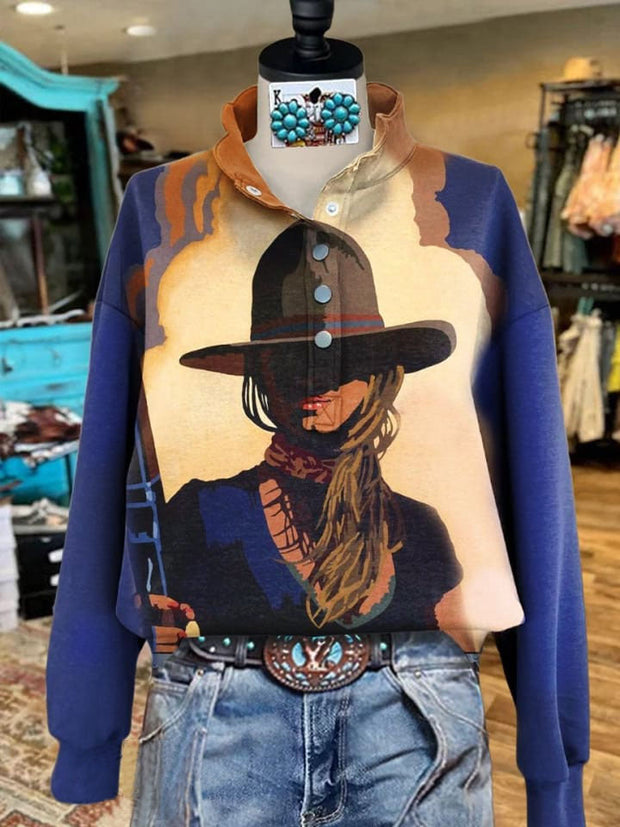 Vintage Vintage Western Cowboy Art Print Casual Sweatshirt