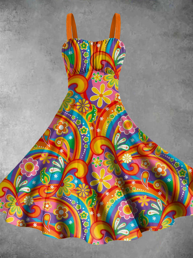 1960s Psychedelic Flower Print Vintage Midi Dress