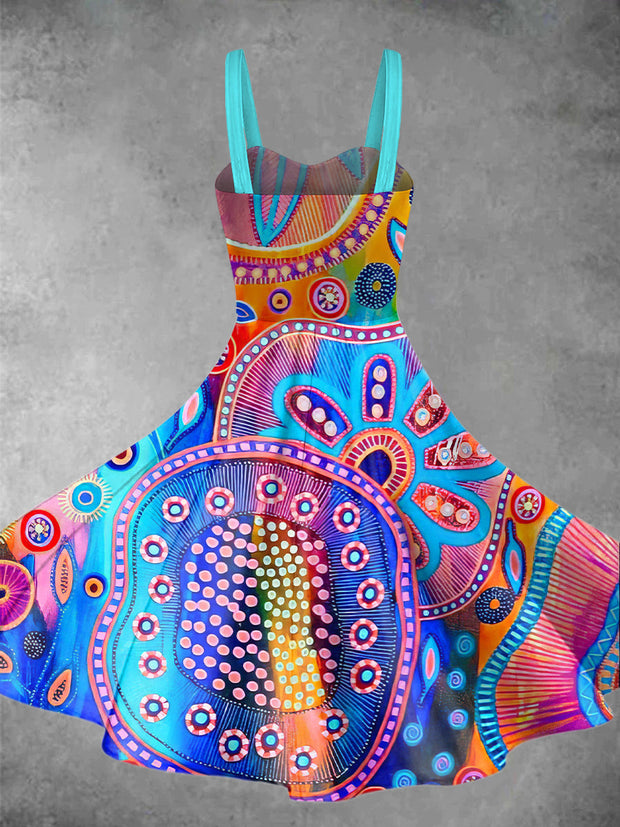 Hippie Art Print Sleeveless Vintage Midi Dress