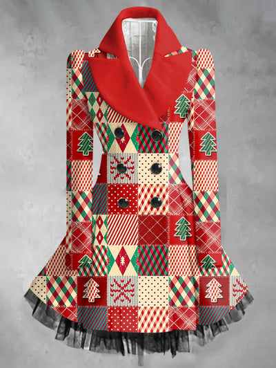 Vintage Christmas Plaid Printed Elegant Lapel Long Sleeve Coat Dress