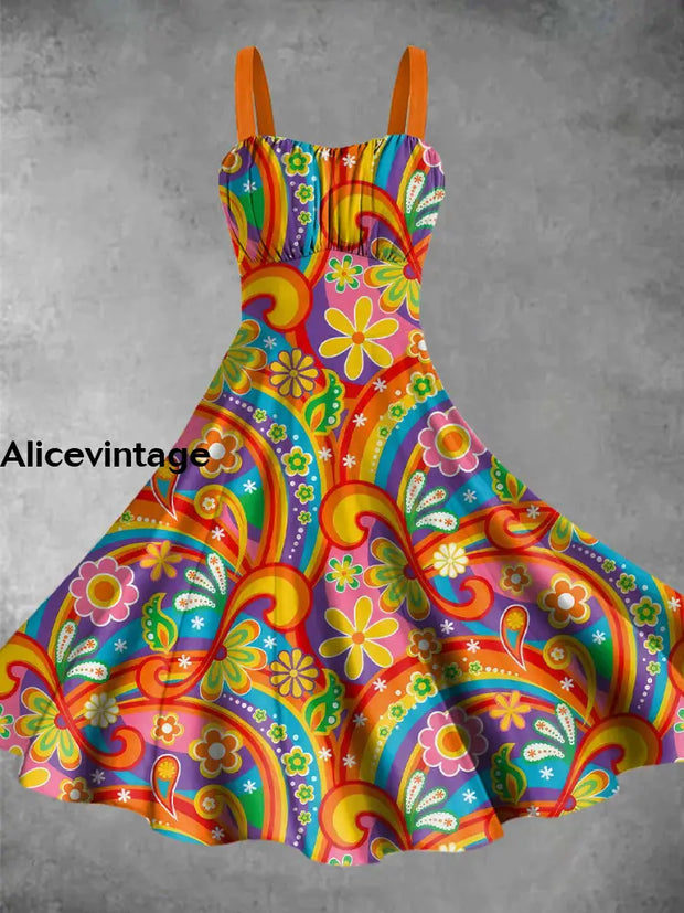 1960S Psychedelic Flower Print Vintage Midi Dress