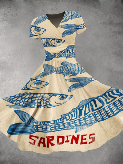 Fish Sardines Art Print V-Neck Short Sleeve Vintage Maxi Dress