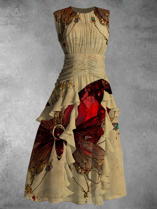 Vintage Butterfly Art Printed V-Neck 50's Elegant Chic Chiffon Sleeveless Maxi Dress