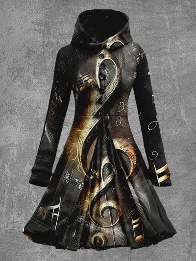 Music Note Print Vintage Long Sleeve Hooded Coat Fake Two-Piece Mini Dress