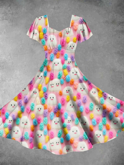 Halloween Lovely Ghost Print Short Sleeve Vintage Midi Dress