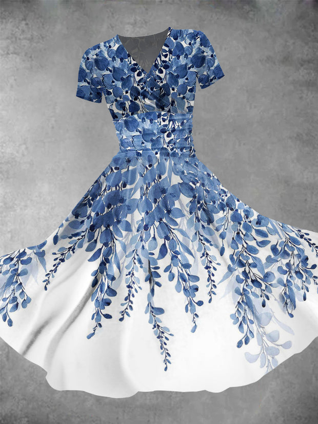 Blue Leaf Print V-Neck Short Sleeve Retro Midi Dress