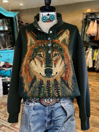 Western Hand Drawn Wolf Art Print Casual Sweatshirt