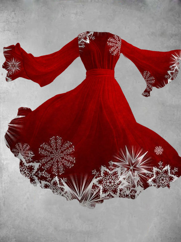 Snowflake Art Print Vintage V-Neck Long Sleeve Flowy Maxi Dress