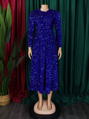 Round Neck Blue Sequin Long Sleeve Vintage Elegant Midi Dress