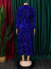 Round Neck Blue Sequin Long Sleeve Vintage Elegant Midi Dress