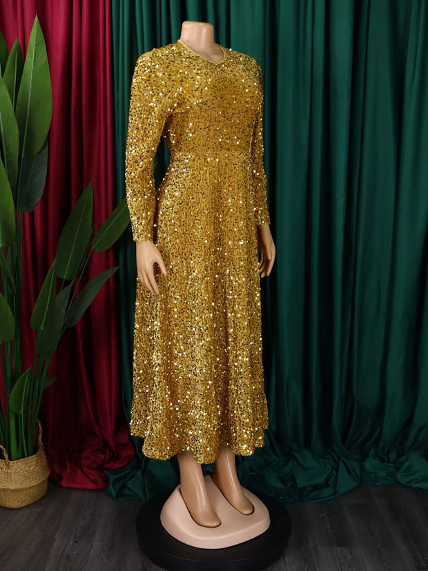 Round Neck Gold Sequin Long Sleeve Vintage Elegant Midi Dress