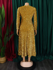 Round Neck Gold Sequin Long Sleeve Vintage Elegant Midi Dress