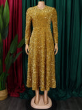 Round Neck Gold Sequin Long Sleeve Vintage Elegant Midi Dress