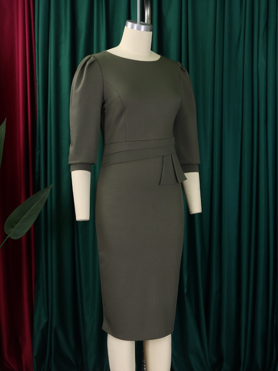 Solid Color Round Neck Half Sleeve Vintage Elegant Midi Dress