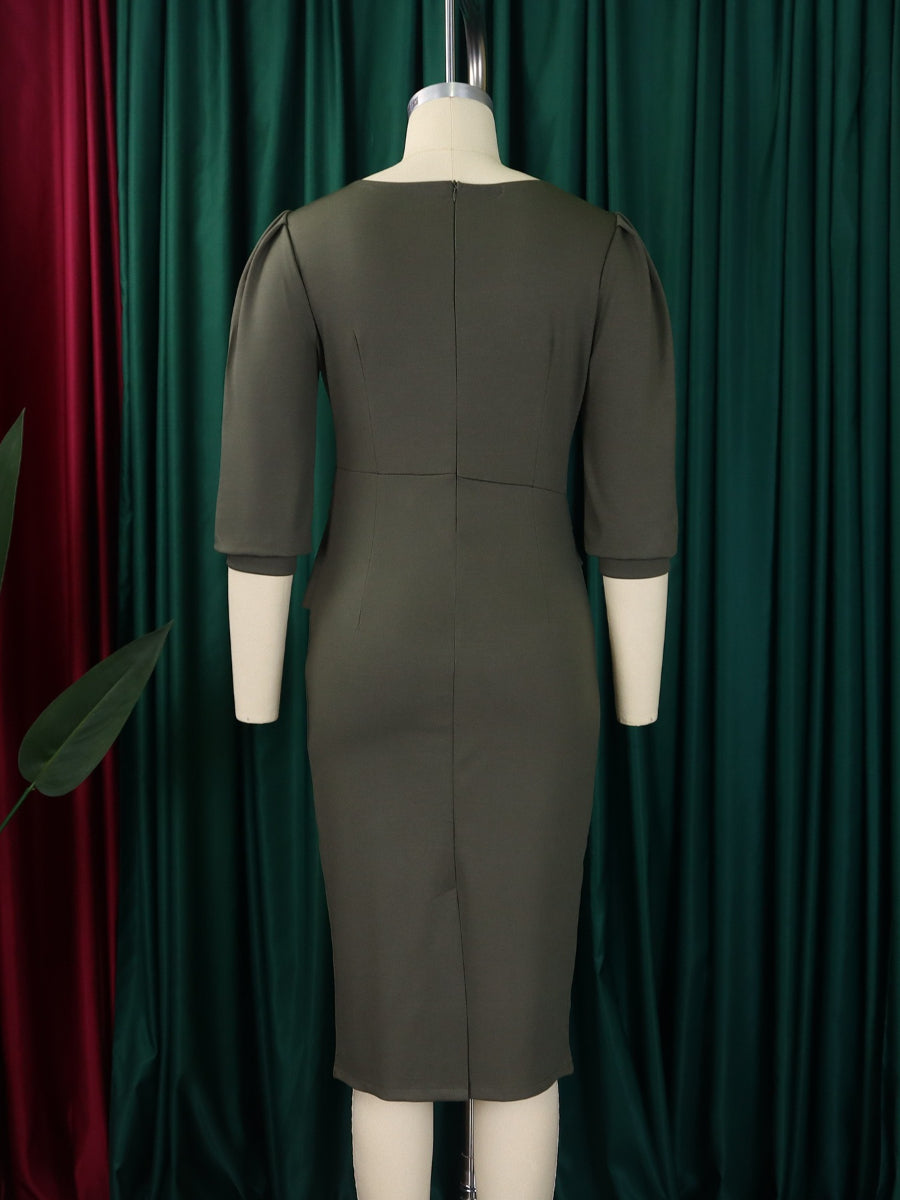 Solid Color Round Neck Half Sleeve Vintage Elegant Midi Dress