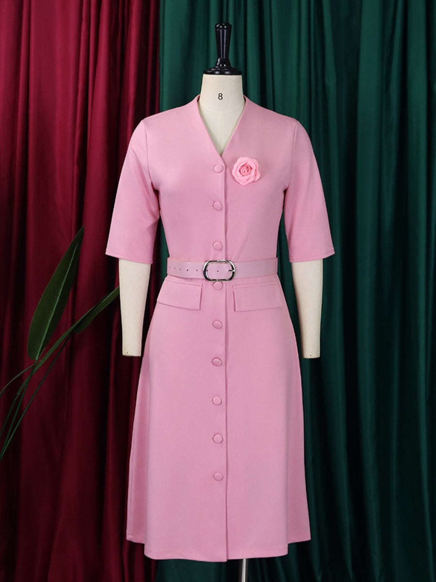Solid Color V-Neck Button Up Vintage Elegant Midi Dress