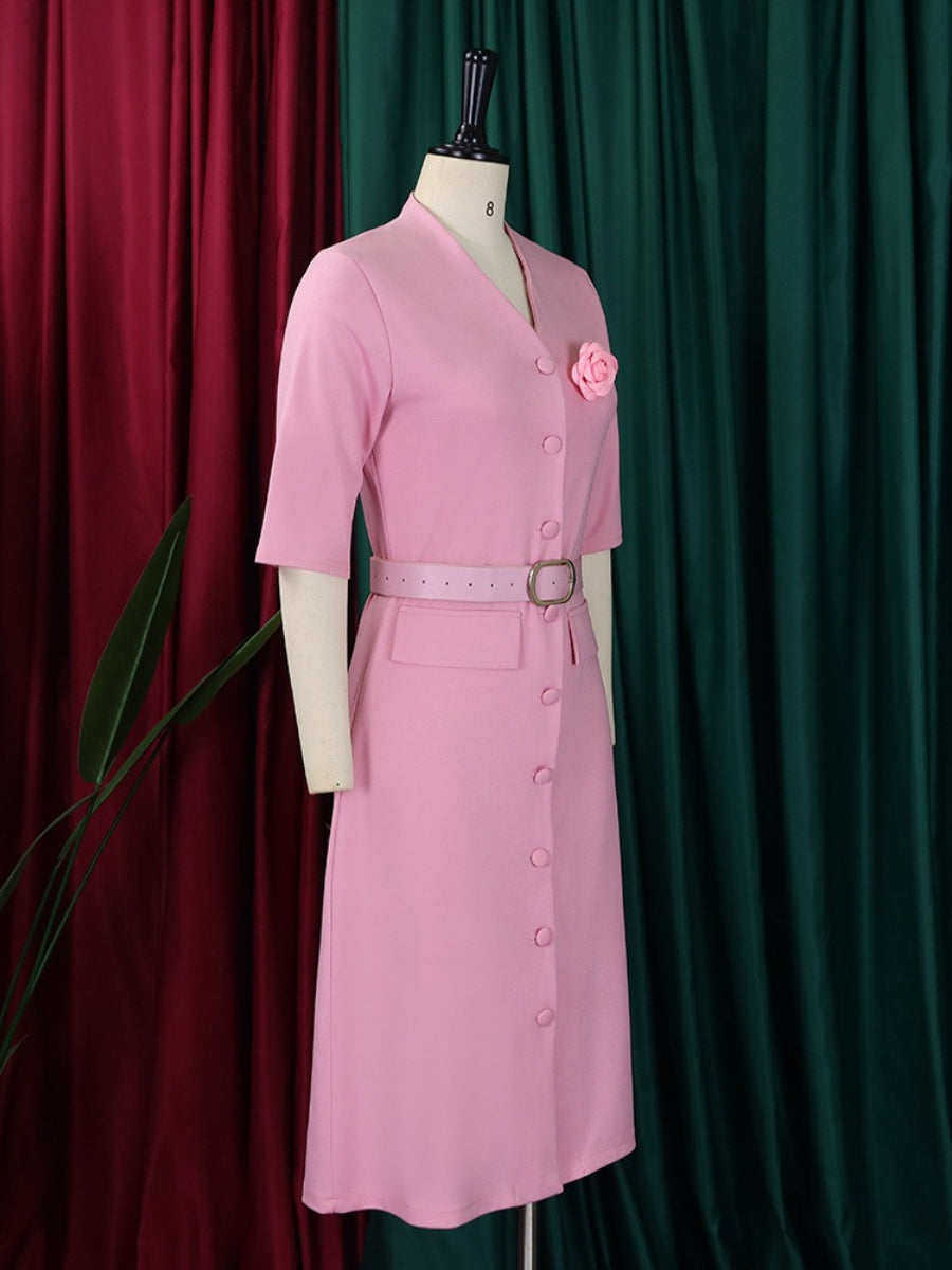 Solid Color V-Neck Button Up Vintage Elegant Midi Dress