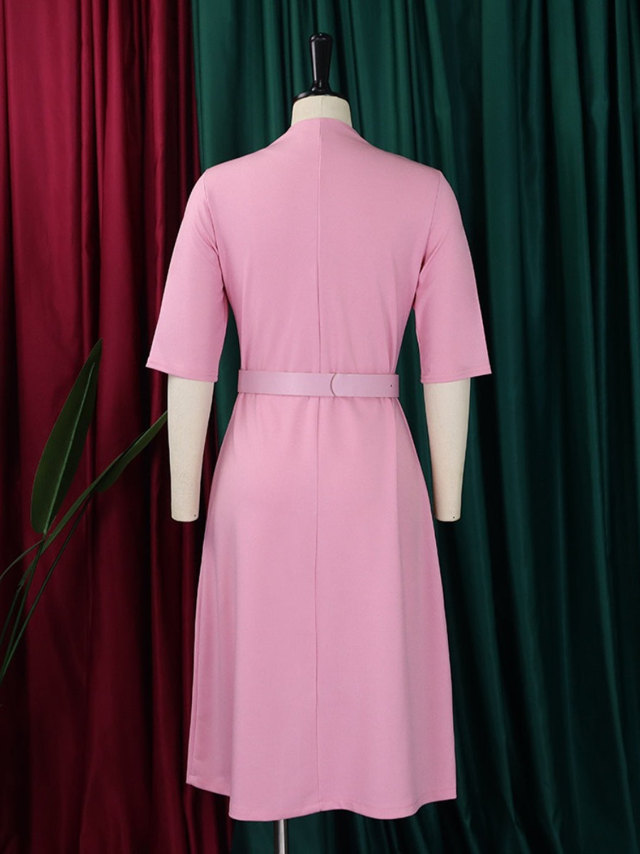 Solid Color V-Neck Button Up Vintage Elegant Midi Dress