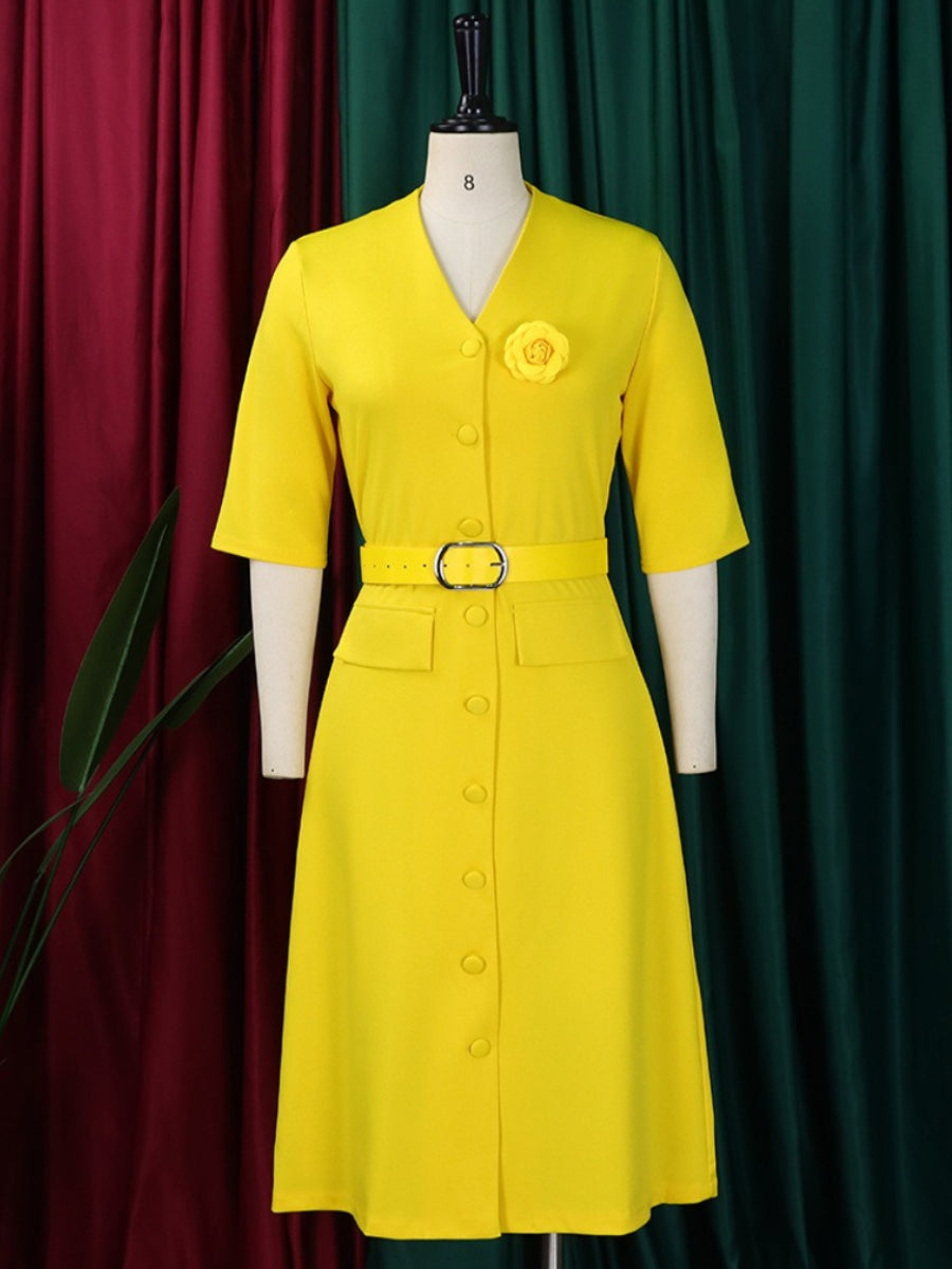 Solid Color V-Neck Button Up Vintage Elegant Midi Dress