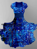 Abstract Art Print V-Neck Vintage Chic Short Sleeve Midi Dress A / S