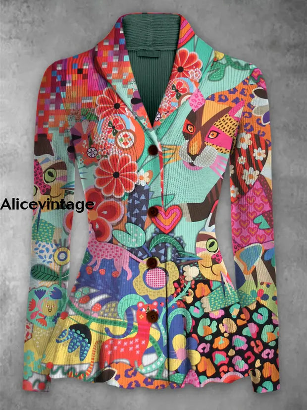 Abstract Art Print Vintage Elegant Lapel V-Neck Button Up Long Sleeve Top A / S