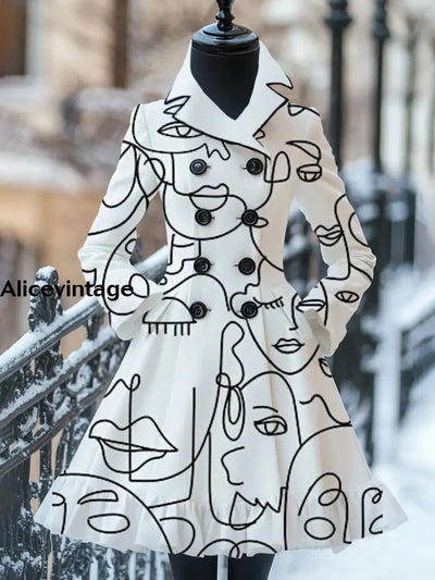 Abstract Art Print Vintage Elegant Stand-Up Collar Long Sleeve Coat Dress A / S