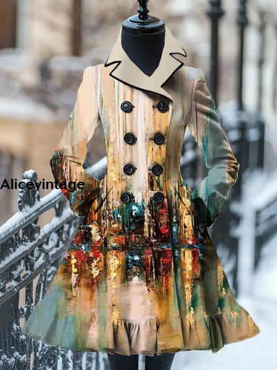 Abstract Art Print Vintage Elegant Stand-Up Collar Long Sleeve Coat Dress A / S