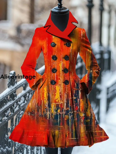 Abstract Art Print Vintage Elegant Stand-Up Collar Long Sleeve Coat Dress A / S