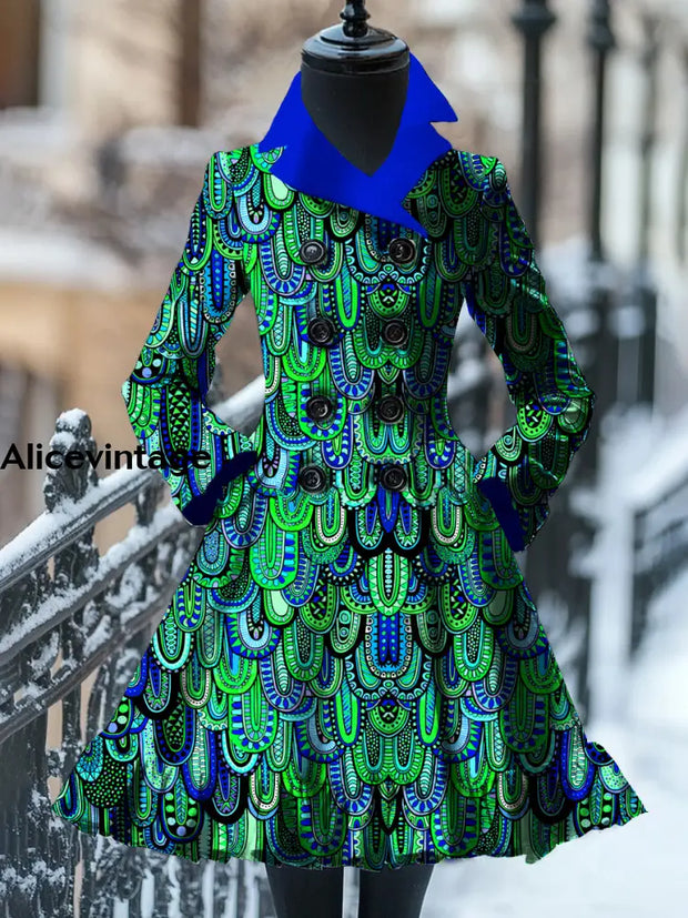 Abstract Art Print Vintage Elegant Stand-Up Collar Long Sleeve Coat Dress A / S